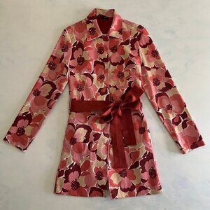 Zinc Pink & Red Floral Satin Retro Mid Length Belted Trenchcoat